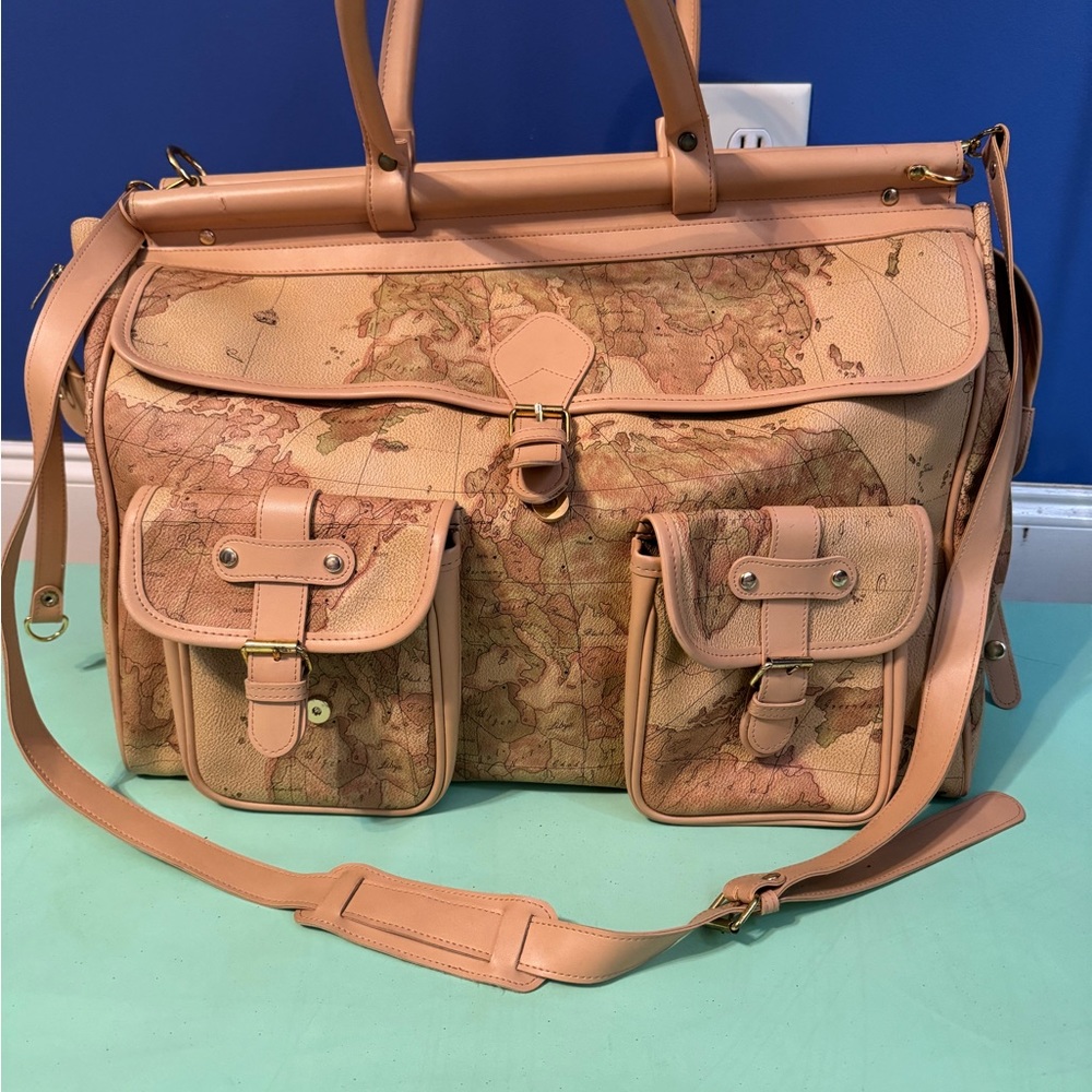 Old world print leather like duffle bag